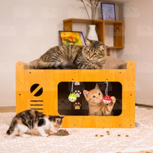 Nhà cho mèo 2 tầng bằng gỗ MDF kết hợp bàn cào móng cho mèo