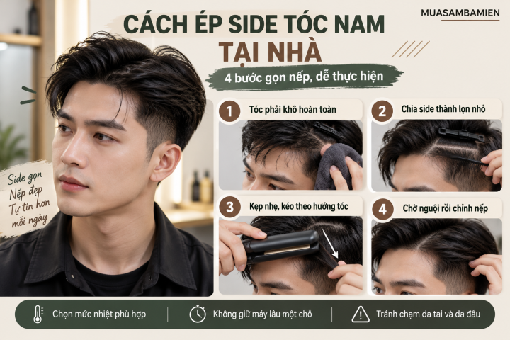 cách ép side tóc nam tại nhà Hướng dẫn cách ép side tóc nam tại nhà qua 4 bước, cách chia tóc, điều khiển máy duỗi và giữ nếp gọn gàng.