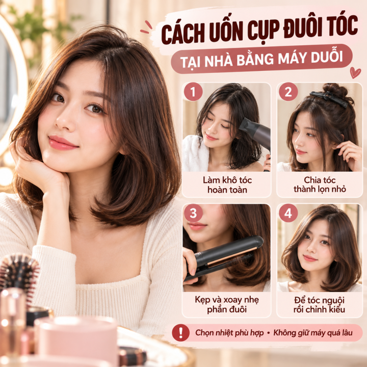 cách uốn cụp đuôi tóc bằng máy duỗi Hướng dẫn cách uốn cụp đuôi tóc bằng máy duỗi tại nhà qua 6 bước. Mẹo chia tóc, xoay máy đúng cách và tạo kiểu đuôi tóc ôm tự nhiên.