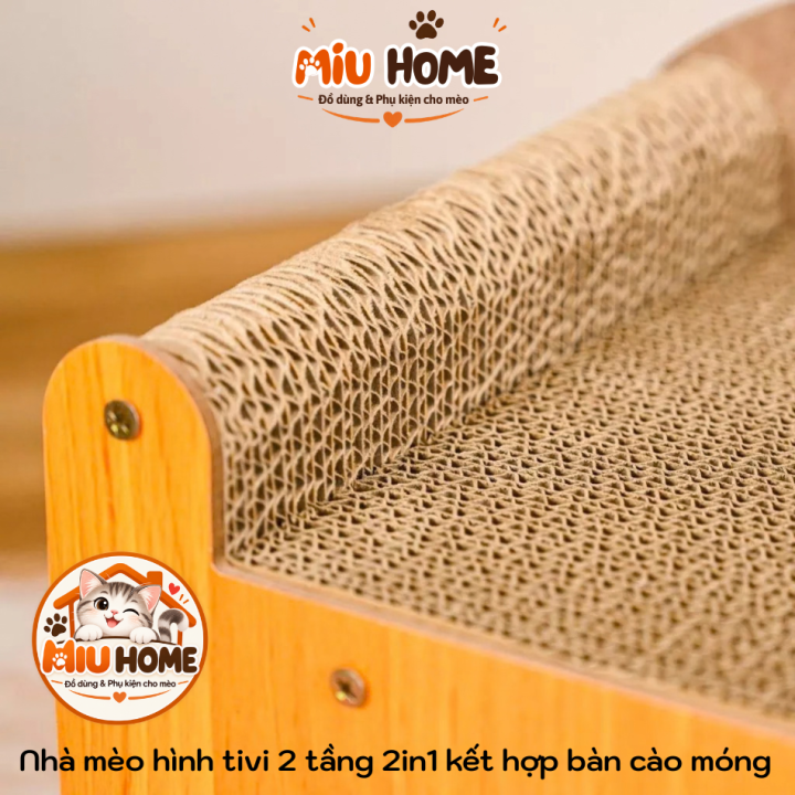Bàn Cào móng cho mèo kết hợp nhà cho mèo tivi 2 tầng gỗ 2in1 vừa nhà cho mèo vừa bàn cào móng mèo - Ảnh 4