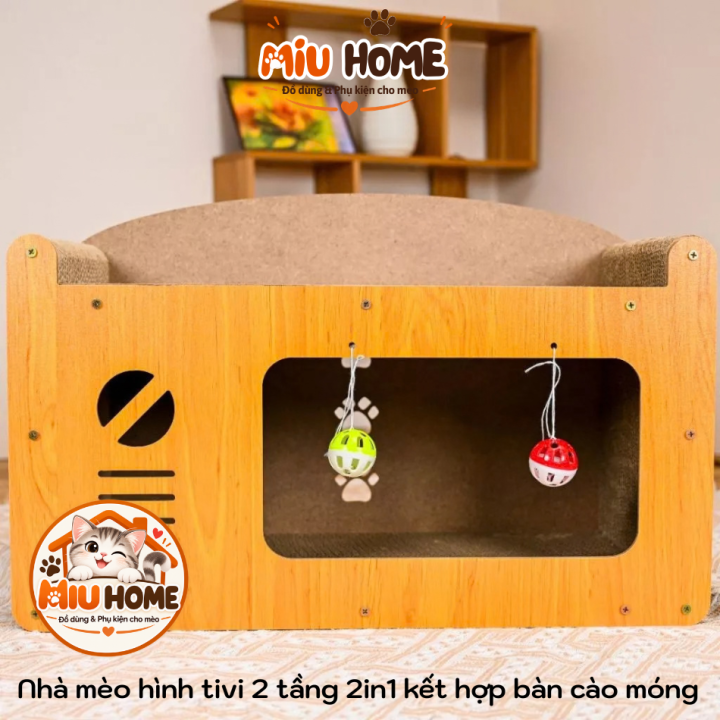Bàn Cào móng cho mèo kết hợp nhà cho mèo tivi 2 tầng gỗ 2in1 vừa nhà cho mèo vừa bàn cào móng mèo - Ảnh 9
