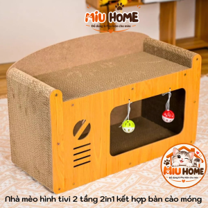 Bàn Cào móng cho mèo kết hợp nhà cho mèo tivi 2 tầng gỗ 2in1 vừa nhà cho mèo vừa bàn cào móng mèo - Ảnh 3