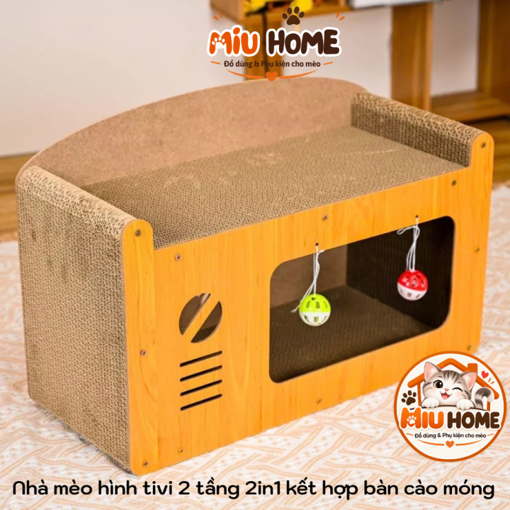 Bàn Cào móng cho mèo kết hợp nhà cho mèo tivi 2 tầng gỗ 2in1 vừa nhà cho mèo vừa bàn cào móng mèo - Ảnh 3