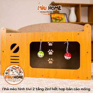 Alternative view of Bàn Cào móng cho mèo kết hợp nhà cho mèo tivi 2 tầng gỗ 2in1 vừa nhà cho mèo vừa bàn cào móng mèo