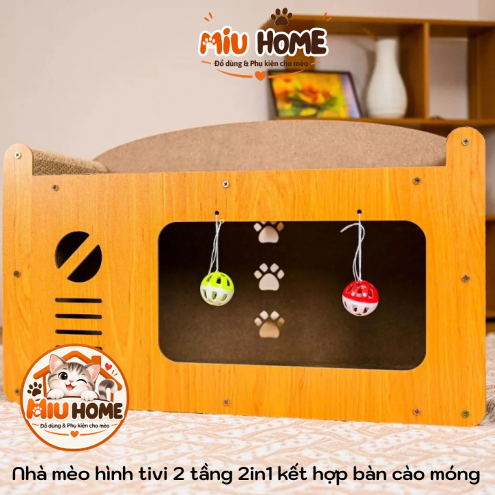 Bàn Cào móng cho mèo kết hợp nhà cho mèo tivi 2 tầng gỗ 2in1 vừa nhà cho mèo vừa bàn cào móng mèo - Ảnh 2